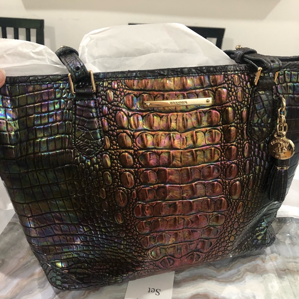 Brahmin Iridescent Croc-Embossed Tote in Rainbow Sheen tote Bag